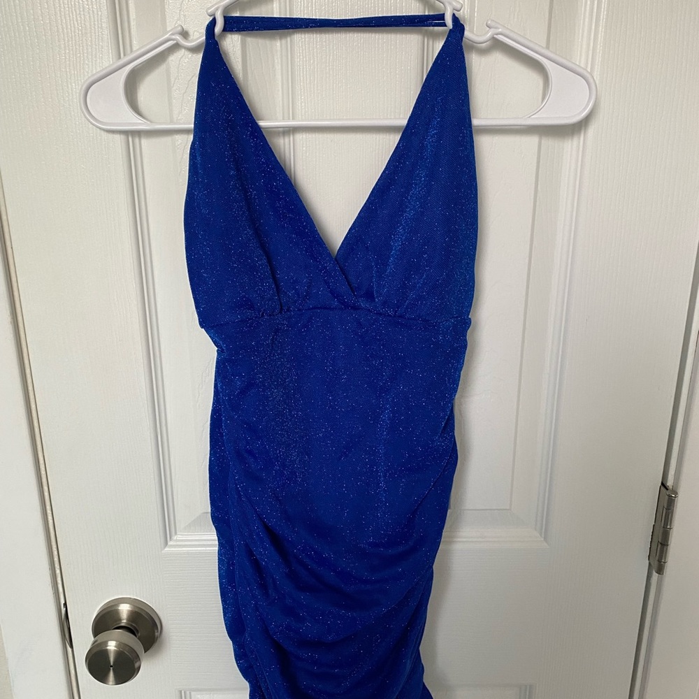 Lucy in the Sky Ruched Cross-Back Dress in Royal Blue Shimmer